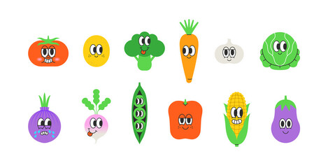 Set of trendy happy vegetable sticker in vintage cartoon style. Retro cooking ingredient, vegetarian character label illustration collection on isolated background. Funny colorful food mascot bundle.	