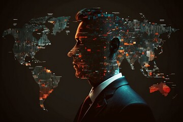 Abstract businessman on the world map. Generative ai - obrazy, fototapety, plakaty