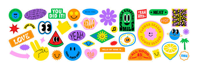Naklejka premium Colorful happy smiling face label shape set. Collection of trendy retro sticker cartoon shapes. Funny comic character art and quote sign patch bundle.