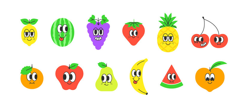 Set of trendy happy fruit sticker in vintage cartoon style. Retro summer tropical fruits, character label illustration collection on isolated background. Funny colorful food mascot bundle.