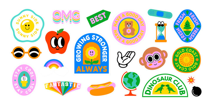 Naklejki Colorful retro cartoon label shape set. Collection of trendy vintage sticker shapes. Funny comic character art and quote sign patch bundle. Cute children icon, fun happy illustrations. 