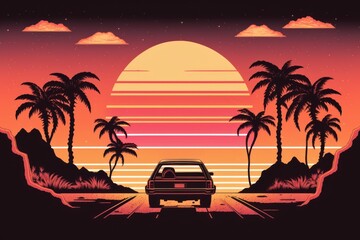 Fototapeta na wymiar Summer vibes 80s style illustration of a sunset, retro style, generative AI