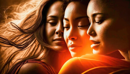 Close-up of Three Eastern Women Hugging and Smiling as Friends. Generative AI