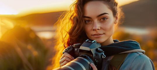 Portrait of a Beautiful Girl Holding a Camera and Smiling in Golden Light. Generative AI