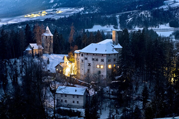 Night at the medieval castle of Castelfondo in the Non valley. Borgo d'Anaunia, Trentino, Italy.