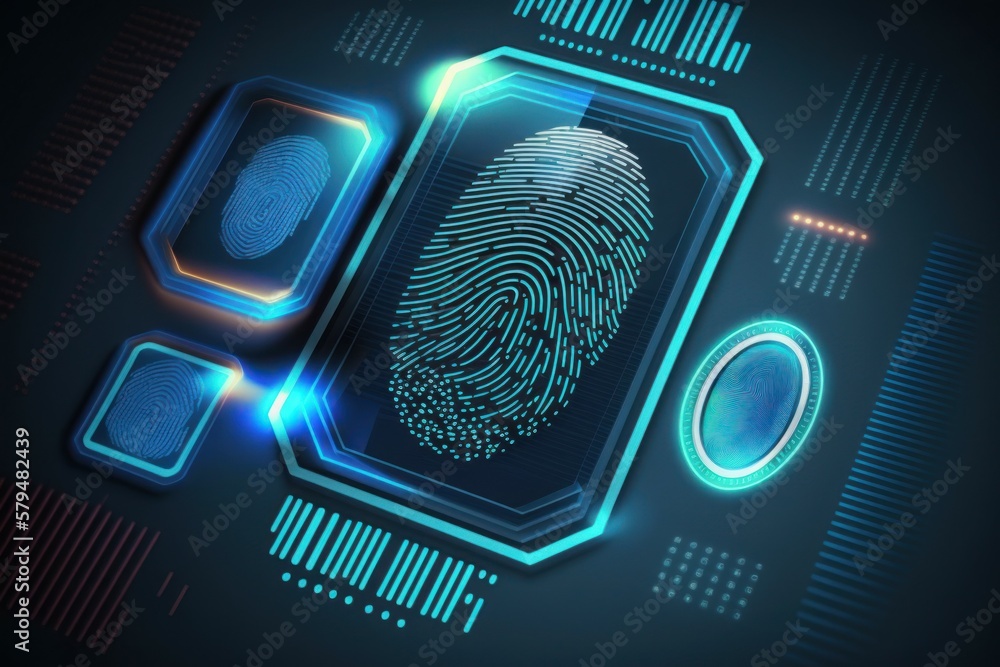 Poster digital biometri, security identify by fingerprint concept. scanning system fingerprint. ai generate