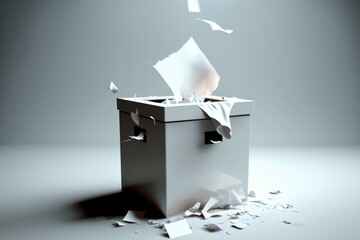 Ballot box and chaotic flying papers casting vote on light background. AI generated, human enhanced - obrazy, fototapety, plakaty