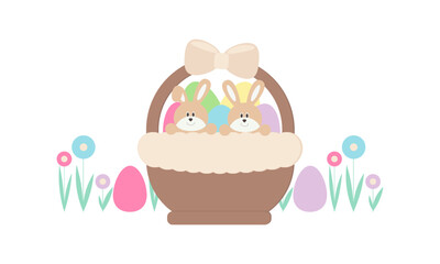 Easter rabbits in a basket. Painted eggs. Vector illustration.