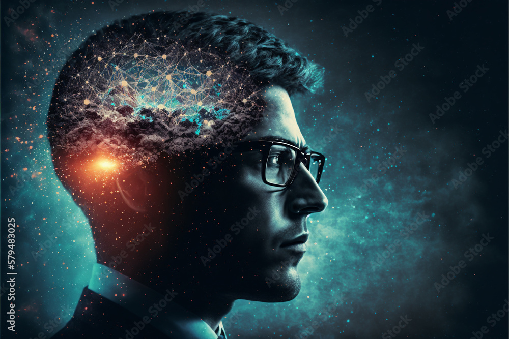 Poster virtual reality man with symbol neurons in brain. creative idea and insight. dark sky in the backgro