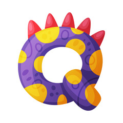 Q consonant letter dino font. Dinosaur alphabet, cute dino effect colorful letter sign, abc for kids, nursery, birthday party design cartoon vector illustration