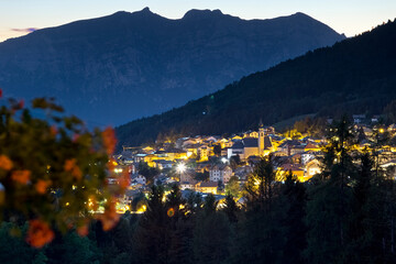 The town of Folgaria and Mount Cornetto in the background. Alpe Cimbra, Trentino, Italy.