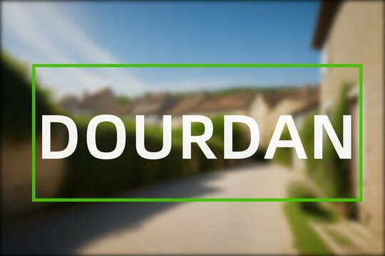 Dourdan: Der Ortsname der niederl&auml;ndischen Stadt Dourdan im Department &Icirc;le-de-France vor einem Foto
