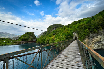 The Vittoria bridge on the lake of Corlo. Arsié, Belluno province, Veneto, Italy.