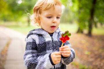 Funny child with candy lollipop, little boy eating big sugar lollipop outdoors