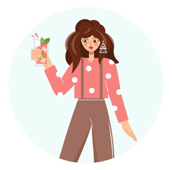 Mojito time, round banner atmosphere where woman is drinking mojito with strawberries. Concept art for print, postcards, flyers, typography. The girl is holding a glass with a fruit cocktail. Vector.