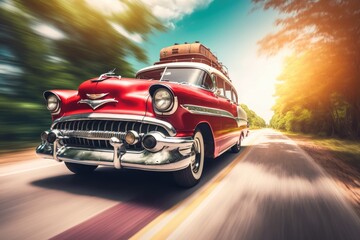 Old vintage red retro car with baggage driving through the exotic country, in motion. Generative AI