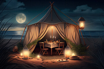 Romantic dinner in tent at sea coast. Serving table with burning candles at sunset. Created with Generative AI