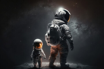 Astronauts in space suits on unknown planet surface. Father and son astronauts exploring space. Created with generative ai