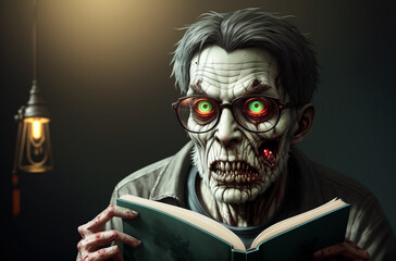 A creepy zombies with glasses reading a book in a dark room. Portrait of a zombie man. Generative AI.