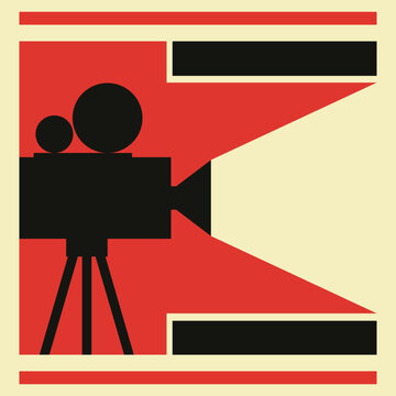 Banner, layout, template, advertising poster, poster, design in the style of constructivism of the 20s. Flat vector illustration of geometric shapes in red, black, beige. Old movie camera.eps10.