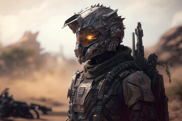 Futuristic soldier in a military costume gear. War soldier concept. Ai generated