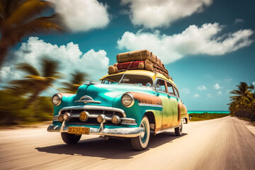 Old vintage green rusty retro car with baggage driving through the exotic country, in motion. Generative AI