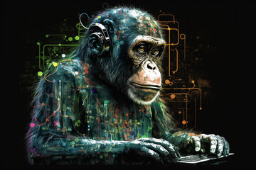 Monkey futuristic android or AI cyborg robot digital intelligence concept. Artificial intelligence machine merged with robotic head. AI generated