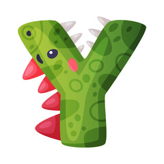 Y vowel letter dino font. Dinosaur alphabet, cute dino effect green letter sign, abc for kids, nursery, birthday party design cartoon vector illustration