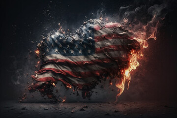 American or the united states flag on fire concept. Usa flag on flames disaster. Patriotic american or patriotism being attacked or destruction concept. Ai generated