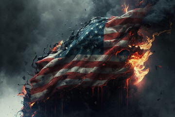 American or the united states flag on fire concept. Usa flag on flames disaster. Patriotic american or patriotism being attacked or destruction concept. Ai generated