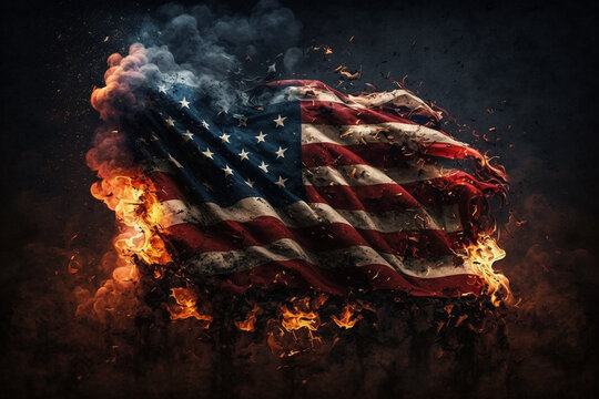 American or the united states flag on fire concept. Usa flag on flames disaster. Patriotic american or patriotism being attacked or destruction concept. Ai generated