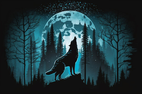 Wolf howling at full moon in the forest vector illustration. Wild animal in the forest. Ai generated