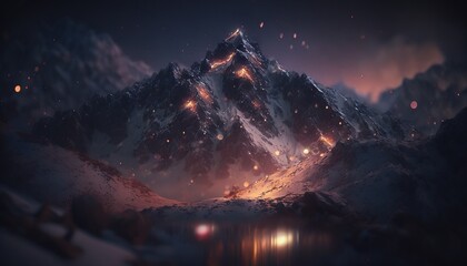 Naklejka na ściany i meble a snowy mountain with a lake below and lights on the top of the mountain in the foreground, and a lake below, with a mountain in the foreground. generative ai