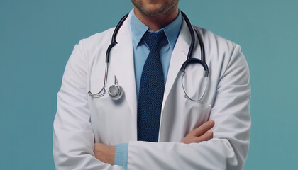 Doctor in a white uniform with stethoscope standing with crossed arms on blue background, Generative AI