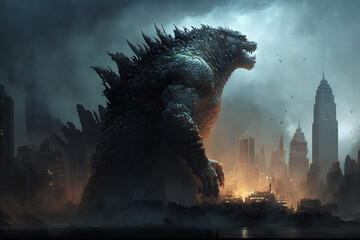 Godzilla monster classic character attacking or destroying a city. Ai generated - 579485803