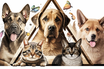 Portrait de différents animaux, chat, chien, papillon  - Générative IA