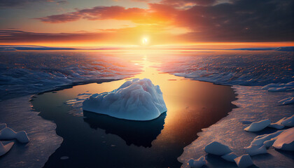 Melting sea ice on the sea with rising sun in background, generative ai