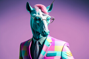 Portrait d'homme avec une tête de cheval habillé en costume pastel  - Générative IA