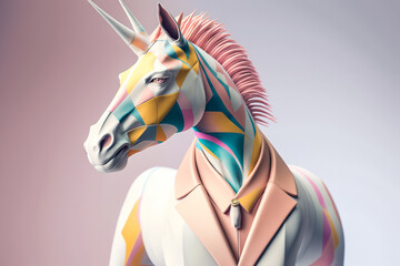 Portrait d'homme licorne avec une tête de cheval habillé en costume pastel  - Générative IA