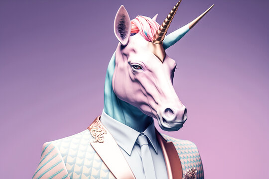 Portrait d'homme licorne avec une t&ecirc;te de cheval habill&eacute; en costume pastel  - G&eacute;n&eacute;rative IA