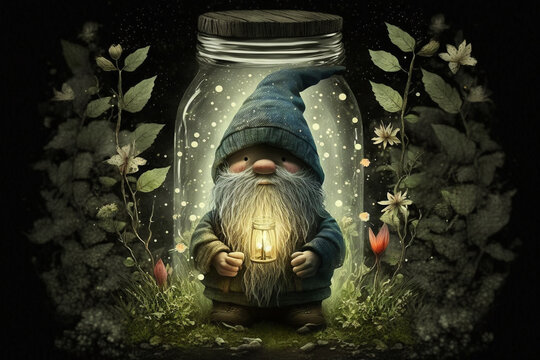 Character cute forest dwarf gnome or elf character walking at night through the forest with a lantern. Ai generated