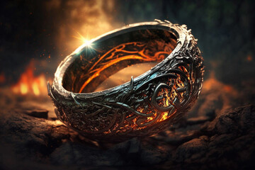 Lava and fire ring similar to lord of the rings movie with intricate design. Ai generated - obrazy, fototapety, plakaty