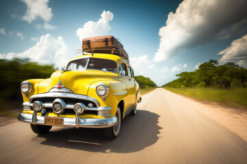 Obraz na płótnie Canvas Old vintage yellow retro car with baggage driving through the exotic country, in motion. Generative AI