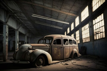 Plakat Old abandoned and damaged retro vintage rusty classic car in a deposit. Ai generated