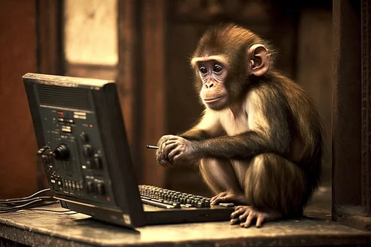 Monkey at a computer or laptop working in an office funny concept. Ai generated