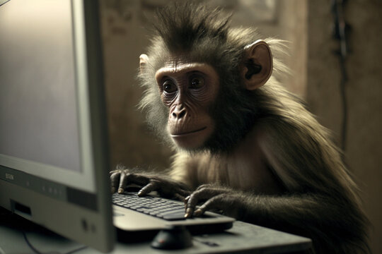 Monkey at a computer or laptop working in an office funny concept. Ai generated