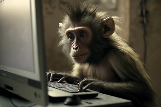 Monkey at a computer or laptop working in an office funny concept. Ai generated