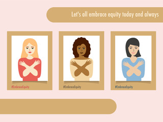Human portraits #EmbraceEquity Give equity a huge embrace. International Women's Day 2023 Embrace equity. Equal opportunities are no longer enough Vector illustration. Copy space Isolated