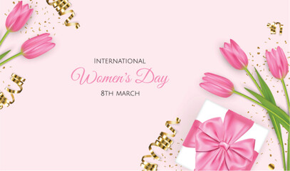 Happy Women's Day greeting card. Postcard for March 8. Pink Tulips with a gift