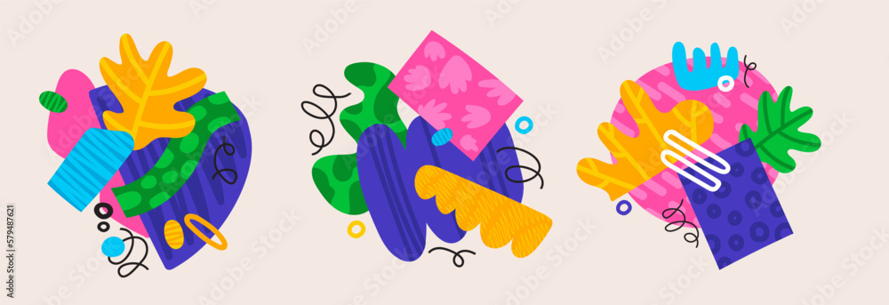 Poster abstract set of various shapes and doodle objects in modern style. modern background with geometric 